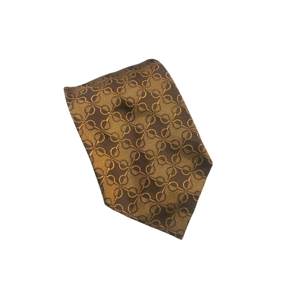 Longchamp Paris Mens Tie Brown & Gold Chain Pattern 100% Silk
